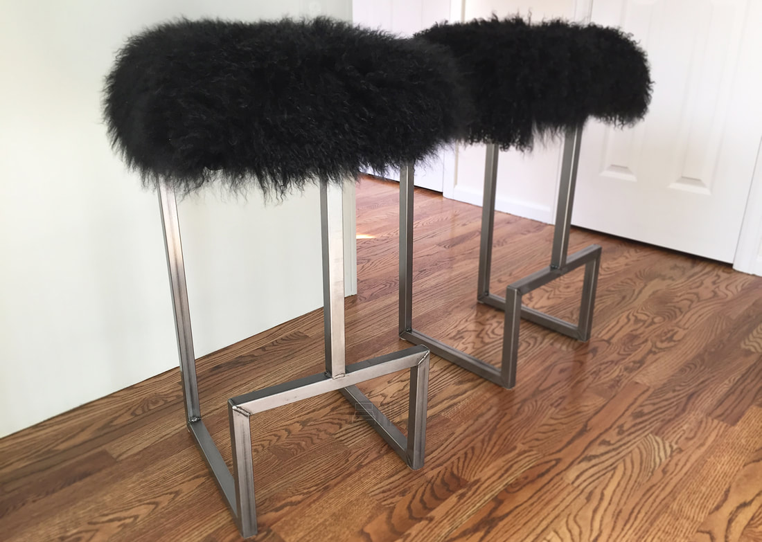 Denver, Colorado modern industrial bar stools with GENUINE sheepsking lamb fur seats and steel frame. 