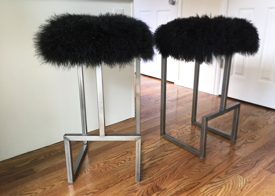 Denver, Colorado modern industrial bar stools with GENUINE sheepsking lamb fur seats and steel frame. 